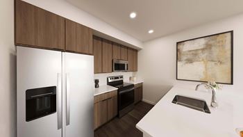 Modern kitchen with white countertops and wood cabinets